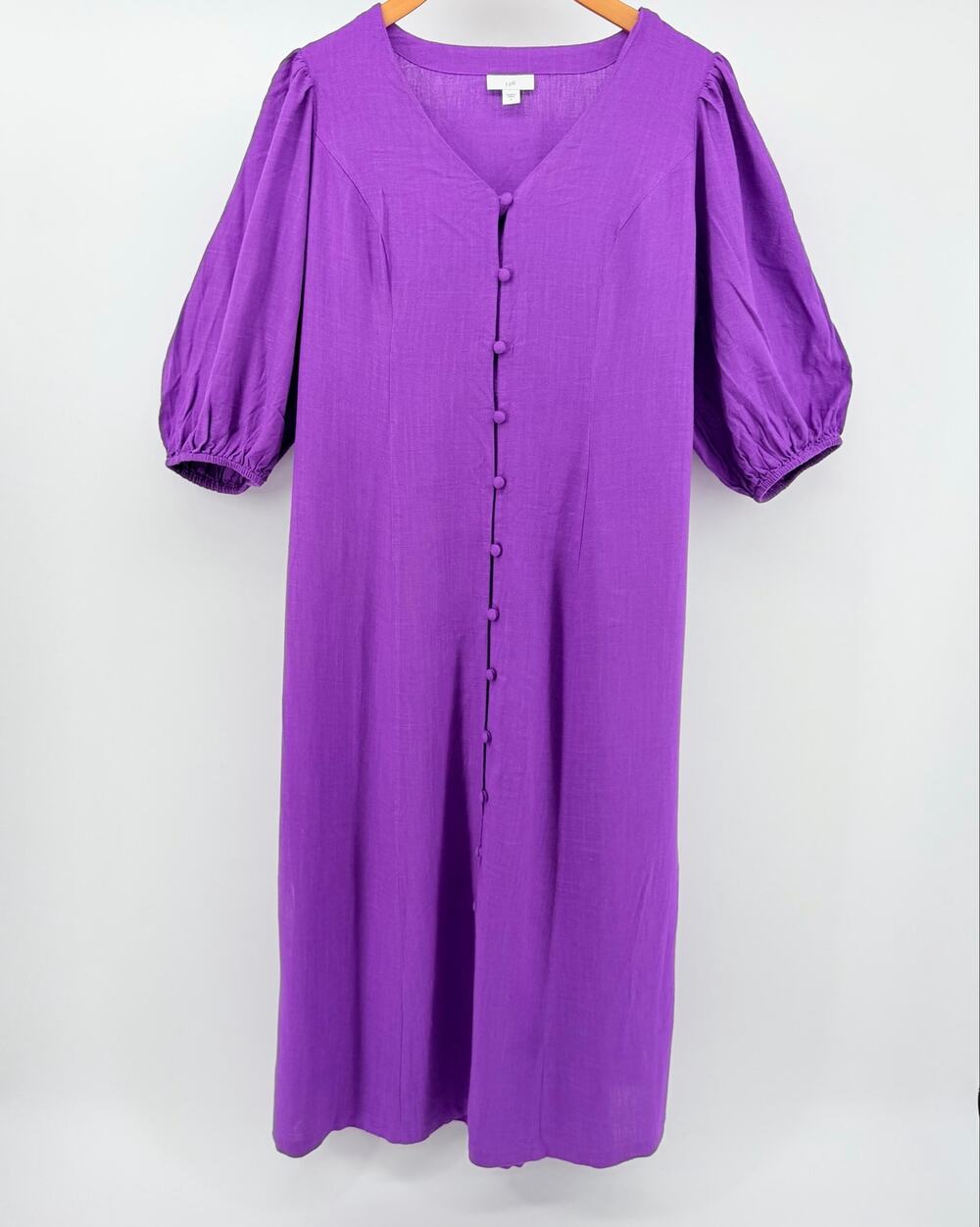 J. Jill Purple Linen Blend Puff Sleeve Button Midi Dress S Boho Costal Resort
